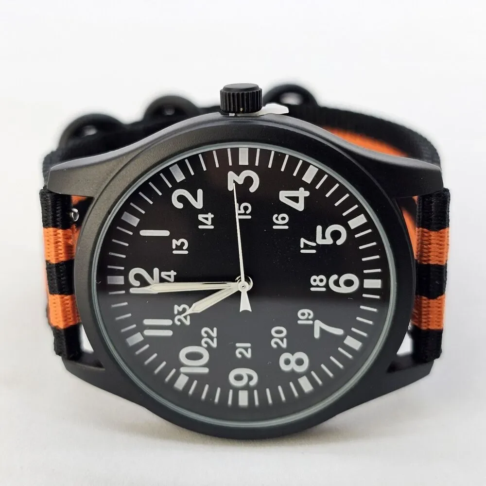 Field Military Men's Watch 42MM Black Case Dial Black‎ Orange Canvas Band Straps